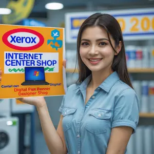 an young lady promoting add for a xerox and internet center shop...