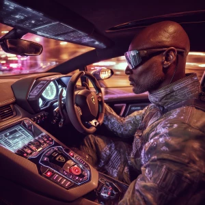 A short Nigerian pilot sits inside the cockpit of a Lamborghini,...