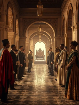 Cinematic interior scene inside the Zanzibar royal palace in 189...