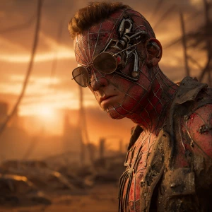 T-800 Spider-Man, apocalyptic futuristic background