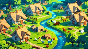 A beautiful 2D moral story village, rendered in a charming carto...