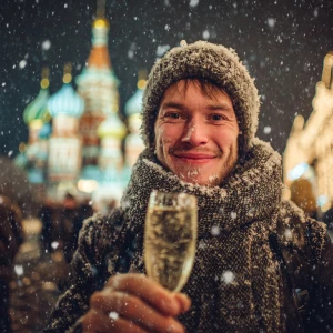 A man standing on Moscow Red square, holding a sparkling glass o...