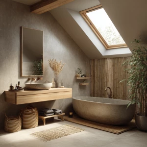 Create a serene and luxurious bathroom inspired by Japandi style...