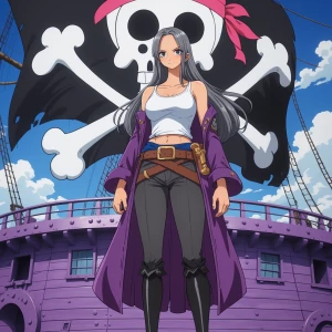 One piece anime, female Character 57 years old, long grey-black...