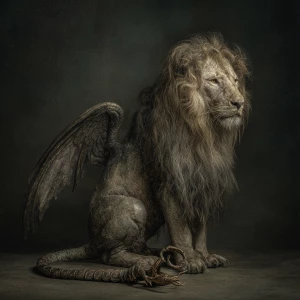In the dimly lit room, a vintage-chic manticore emerges from the...