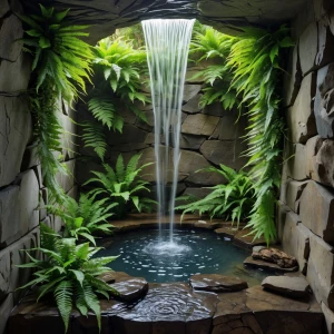Bathroom 2 — Waterfall Niche Bath
River-fed stone bath carved in...