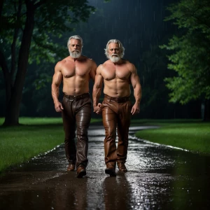 Two silver haired men with beards bodybuilder large arms and che...