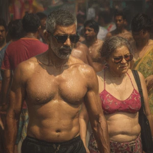 Hyperrealism, oil painting,a muscular beefy kerela man walking ,...