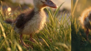 A baby duck waddles gently through soft green grass in warm morn...