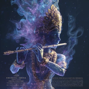 "Semi-transparent 3D silhouette of Krishna composed of swirling...