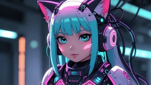 Create an image of a cyberpunk-inspired anime character with a c...