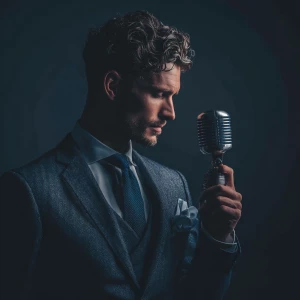 Generate a photo of a sophisticated, man  Include a microphone i...