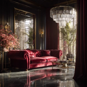 Create a luxurious glam living room featuring a deep red velvet...