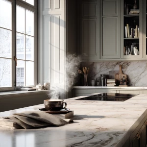Create an elegant kitchen setting featuring a marble countertop...