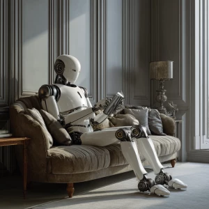 Sleek anthropomorphic humanoid robot vacumns living room.