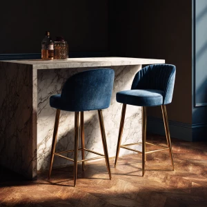 Create a visually striking scene featuring two velvet bar stools...