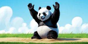 Panda waves hands, stretches tall toward the sky, then bends to...