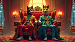 doge and pepe wearing royal outfits sitting on a throne made of...