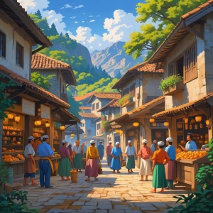A beautiful village in which people are bustling with activity
