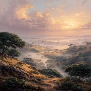 Create an expansive African vista bathed in the soft glow of mor...