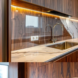 “Contemporary kitchen with walnut wood cabinets, under-cabinet l...