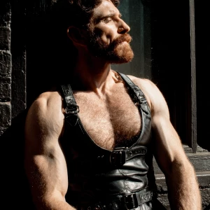 This is an outdoor photograph featuring a ginger muscular, adult...