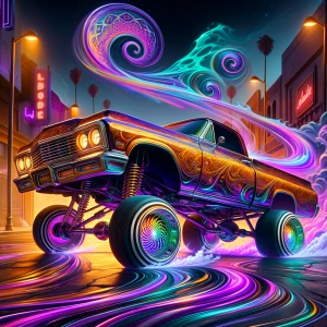 A classic lowrider truck bouncing on hydraulics, its candy paint...