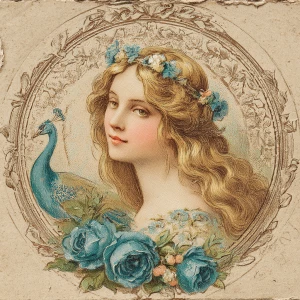 Circular cameo frame with fine laurel filigree; serene lady with...