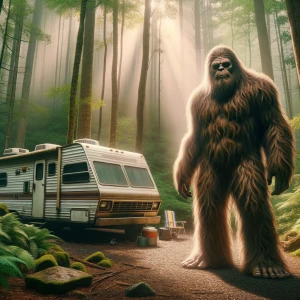 An enormous, hairy sasquatch with human-like features standing n...