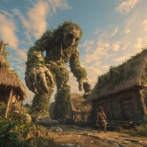 A cinematic, hyper-detailed continuation. The colossal moss-cove...