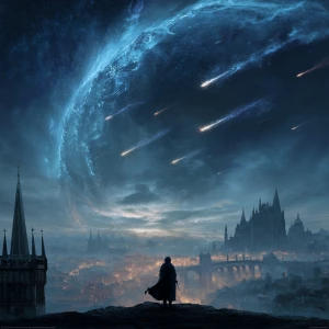 Epic cinematic key art: a colossal dragon-moon (a petrified drag...