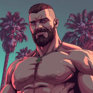 White muscular thin man with beard, big chin, smile and cheekbon...