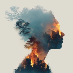 a double exposure depicting the silhouette of an adult female he...