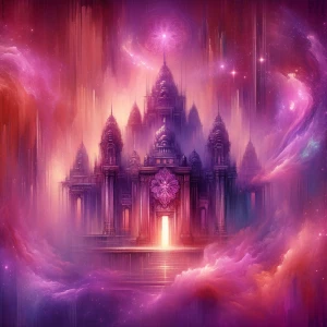 Within the enigmatic magenta-hued holo-deck experience, a serene...