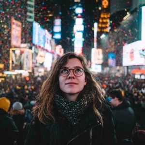 A young woman, gazing directly into the camera,  welcoming the N...