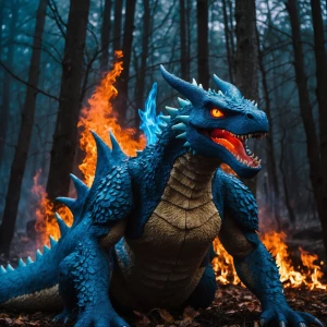 Charizard with blue flames and cool armour and burning a forest...