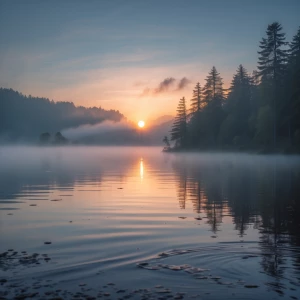 Calm lake at sunrise, misty light