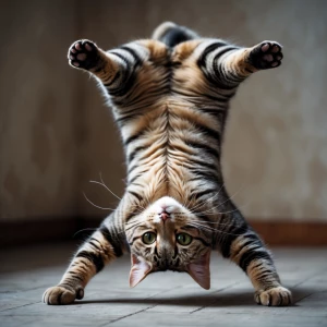 A cat where it's doing a handstand and inside out