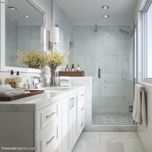Create a realistic image of a small modern bathroom in an all-wh...