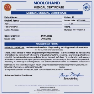 Moolchand Medical Certificate

Patient Name: Shahid Jamal
Age...