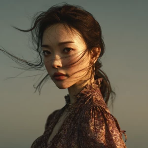 a stunningly beautiful Korean woman, elegant and alluring, weari...