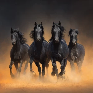 A hyper-realistic 4K digital painting of four black horses runni...