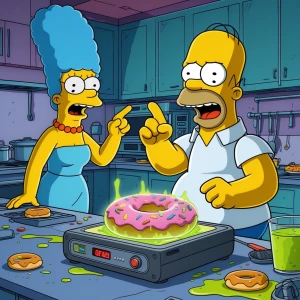 The Simpsons style kitchen scene: Marge points angrily at the 3D...