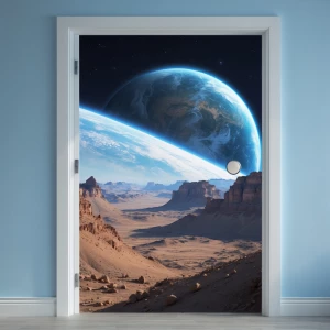 Generate an image featuring a child's light blue bedroom wall wi...