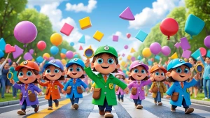 A grand parade of shapes! A group of cheerful cartoon kids dress...