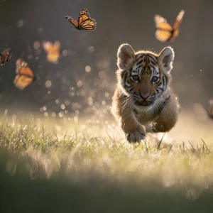 A young tiger cub named Teddy makes an energetic leap forward, l...