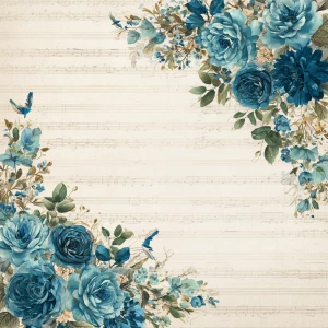 Edge-hugging bouquets of peacock-blue roses over layered music s...
