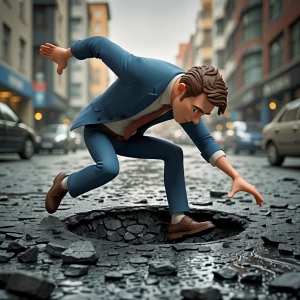 Claymation of a man falling into a pothole