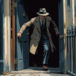 A suspicious shadowy stranger in a coat and hat pushed past me a...