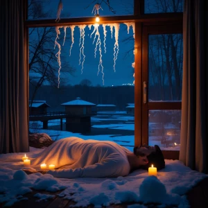 Вечер в якутской зимовье.В центре — горячий камин, потрескивают...